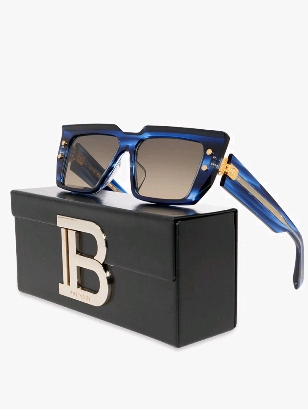 Balmain B-VI Rectangular Sunglasses NWT Black Gold Rivet Logo Authentic